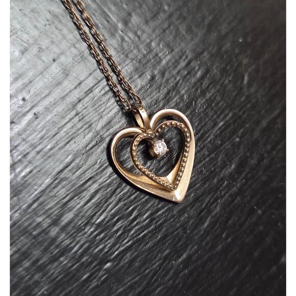 PPC Jewelry - Vintage 14K GF Heart Diamond Pendant Necklace PPC 3d Raised Double Heart